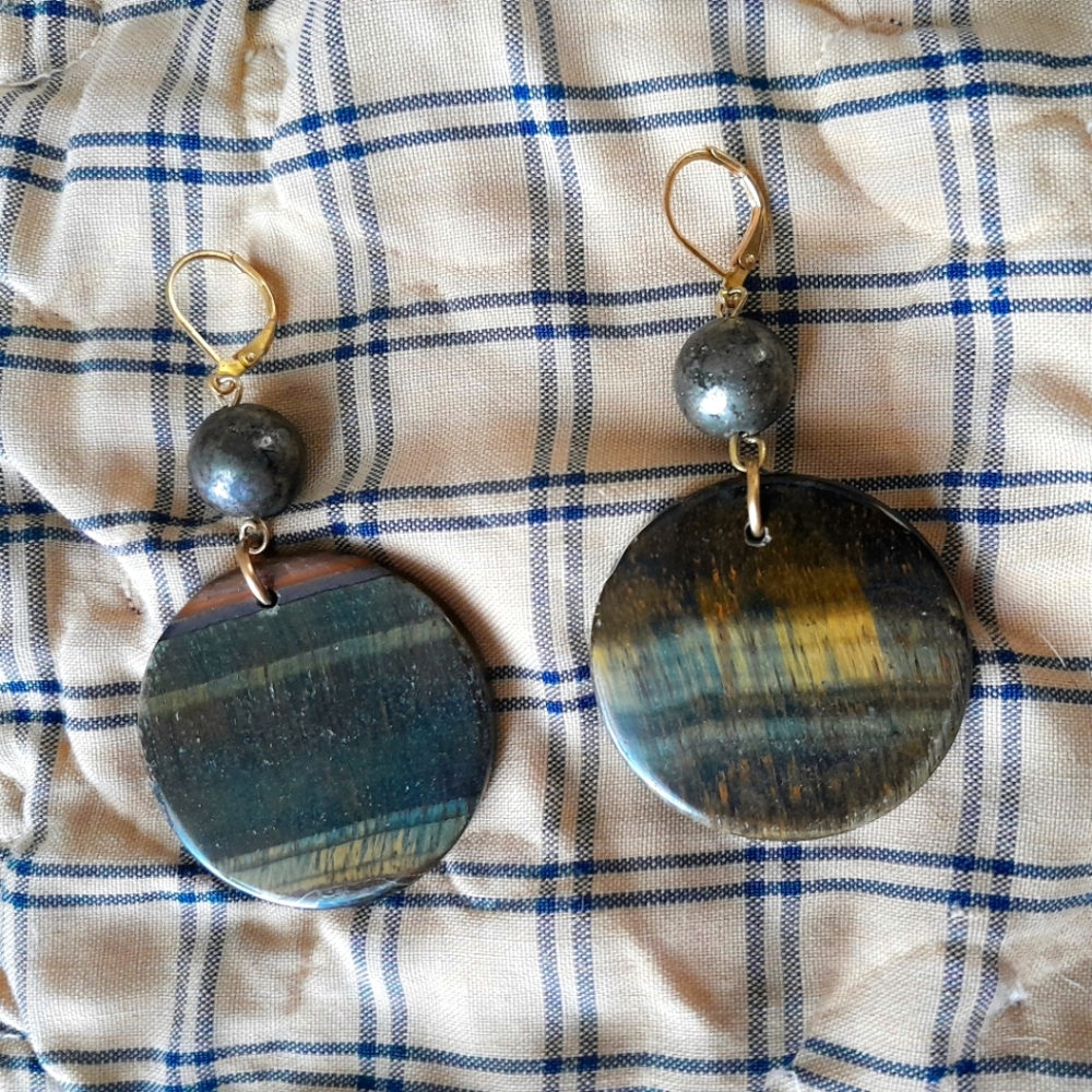 XL Blue Tiger Eye + Pyrite Earrings